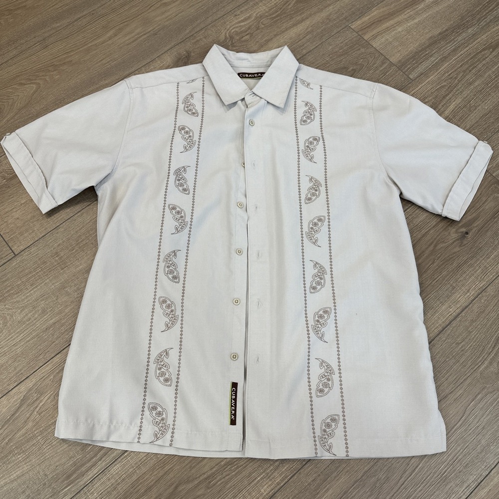 Cubavera Men's Beige/Brown Button-Up Shirt L Short Sleeve Pockets Spread Collar